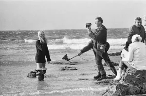 French actress Brigitte Bardot on location in Scotland during filming of her latest movie