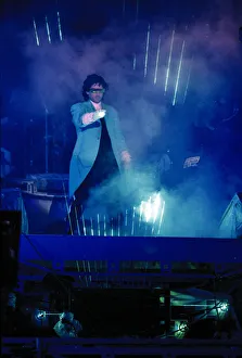 French composer and performer Jean Michel Jarre seen here on stage playing a laser harp