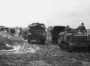 Refugees Prints: French refugees from the Verson area are seen on the Cheux-Colleville road