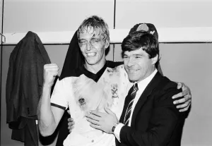 Fulham 1 v. Lincoln 1 Fulham Manager Malcolm MacDonald celebrates with defender