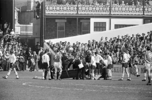 00326 Prints: Fulham 1 v. Stoke 1. 1966 League campaign Players cluster around George Cohen