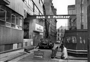 01364 Prints: The gantry built to help in the installation of a new press at the rear or Thomson House