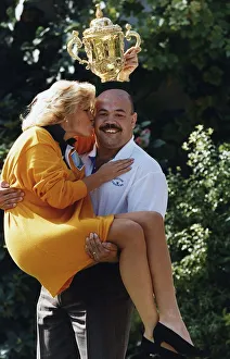 Gareth Chilcott lifting Alison Holloway his co presenter for the Rugby Union World Cup
