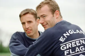 Striker Prints: Gareth Southgate, (left) and Alan Shearer (right) pictured training for England Football