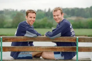 Gareth Southgate, (left) and Alan Shearer (right) pictured training for England Football