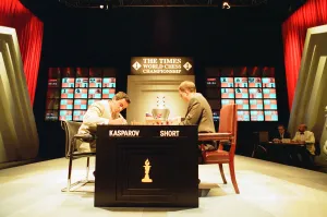 Garry Kasparov and Nigel Short sitting to play their first Chess match this afternoon