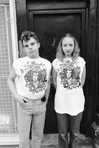 Gary Howe and Jane Hall model Sid Vicious T-shirts bought from the shop owned by the Sex