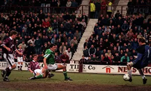 Gary MacKay Hearts football player scores goal past Hibs keeper Jim Leighton