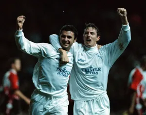 00430 Prints: Gary Speed of Leeds celebrates with team mate after scoring goal during UEFA Cup match