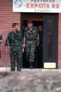 Commander Prints: General Mike Jackson leaves Restaurant at Blace near Skopje Macedonia after talks with