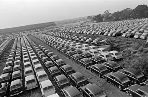 Production Line Prints: General scenes showing cars parked outside the BMC factory in Longbridge
