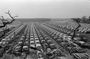 General scenes showing cars parked outside the BMC factory in Longbridge