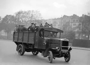 Lorries Prints: General Strike Scene May 1926 as a lorry load of volunteers are driven to help the bosses