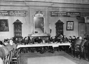 Dinner Prints: General view of Banquet Hall, decorated with Russian banners and pictures of Stalin