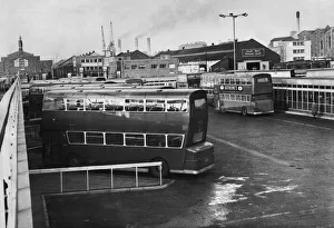 1961 Prints: General view of the bus terminal at Pier Head in Central Liverpool