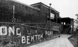 Vandalism Prints: A general view of the entrance to Longbenton Railway Station on 10th July 1977