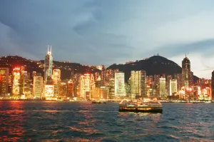 Asia Prints: General view of the illuminated skyline at night time in Hong Kong
