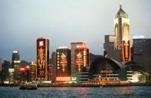 General view of the illuminated skyline at night time in Hong Kong