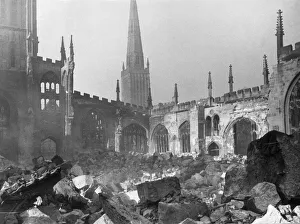 General view showing the ruins of Coventry Cathedral after it was destroyed by the German