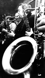 Geoff Hedley playing the saxophone in the Newcastle Big Band in February 1973