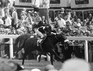 Geoff Lewis jockey on Mill Reef winning The Derby from Linden Tree at Epsom - June 1971