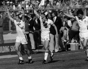 Geoff Pike, Paul Allen and Ray Stewart of West Ham celebrate their win over Arsenal in