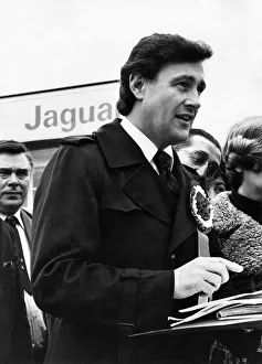 Geoffrey Robinson Labour MP seen here speaking outside the gates of the Jaguar car plant