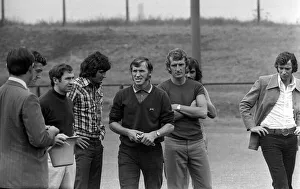 George Best behind Alex Stepney at training ground July 1972 as they watch Pat