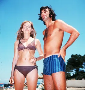 George Best football player with actress Susan George on holiday in Palma Majorca in