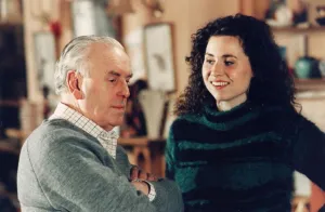 Shirt Prints: George Cole and Minnie Driver filming scene for TV My Good Friend - March 1994