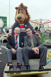 George Hardwick, Bernie Slaven and Roary the Boro mascot at Middlesbrough Football