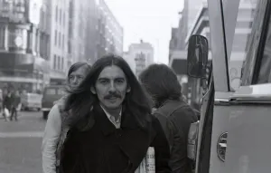 George Harrison in Birmingham City Centre before performing at the Town Hall