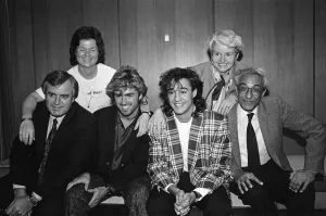 George Michael and Andrew Ridgeley of British pop group Wham