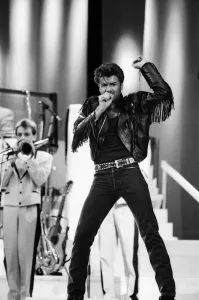 George Michael of pop duo Wham!, at their farewell concert entitled The Final