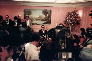 Suit Prints: George Michael speaking to press during his failed court battle to be released from his