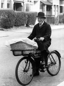 Meat Prints: George Rees, Britains oldest butchers boy riding on a push-bike