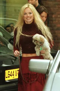 Geri Halliwell November 1999 with her dog Harry Leaving Unique Broadcasting studios