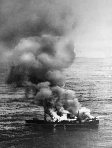 The German blockade runner Alsterufer burning after a Czechoslovak-crewed RAF Liberator
