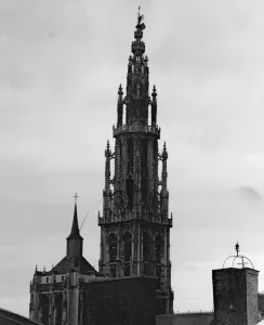 Gothic Prints: German Bombardment of Antwerp October 1914 Antwerp Cathedral flying the flag of
