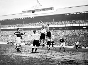 The German goalkeeper, Jacob, in action against England in an international football