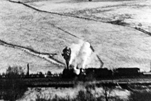 German locomotive explodes due to a U.s Eight Air Force fighter pilot dove in
