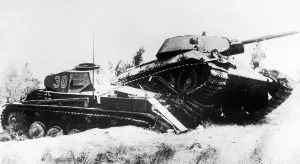 One of three German panzer tanks (left) crushed by Captain Kukushkin