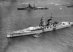 Nazi Prints: The German Pocket Battleship The Graf Spee seen here taking part in Coronation Fleet