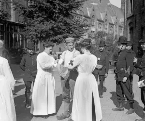 Bandages Prints: German prisoners captured by the Belgians seen here in the courtyard of their prison in