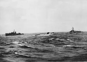 Canadian Prints: German Uboat U744 seen being captured after being attacked for over 30 hours with depth