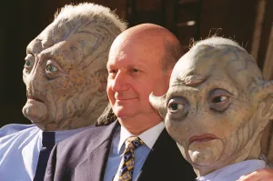 Gerry Anderson with his characters for his new programme Space Precinct puppets