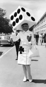 1960s Fashion Prints: Gertude Shilling in giant dice hat at Royal Ascot in June 1969 Sixties fashion