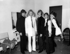 The three Gibb brothers of the Bee Gees pop group with fellow band members Vince Malouney