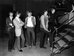 The three Gibb brothers of the Bee Gees pop group with fellow band members Vince Malouney