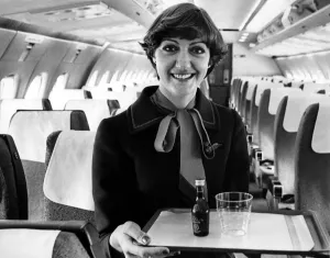 Flying Prints: Gill Stokoe, 30, senior stewardess onboard a British Airways Trident airliner